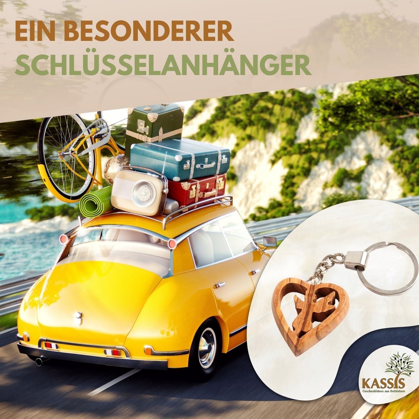 Schlüsselanhänger Schutzengel im Herz aus Olivenholz