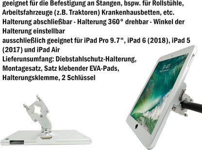 SYSTEM-S rod holder with lock fastening made of metal for iPad 9.7" (2018) A1673 A1674 A1675 A1893 A1954 A1822 A1823 A1474 A1475 A1476 A1566 A1567 Air 1 2