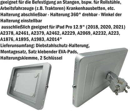 SYSTEM-S Stangen Halterung mit Schloss Befestigung aus Metall für iPad Pro 12.9" (2018, 2020, 2021)