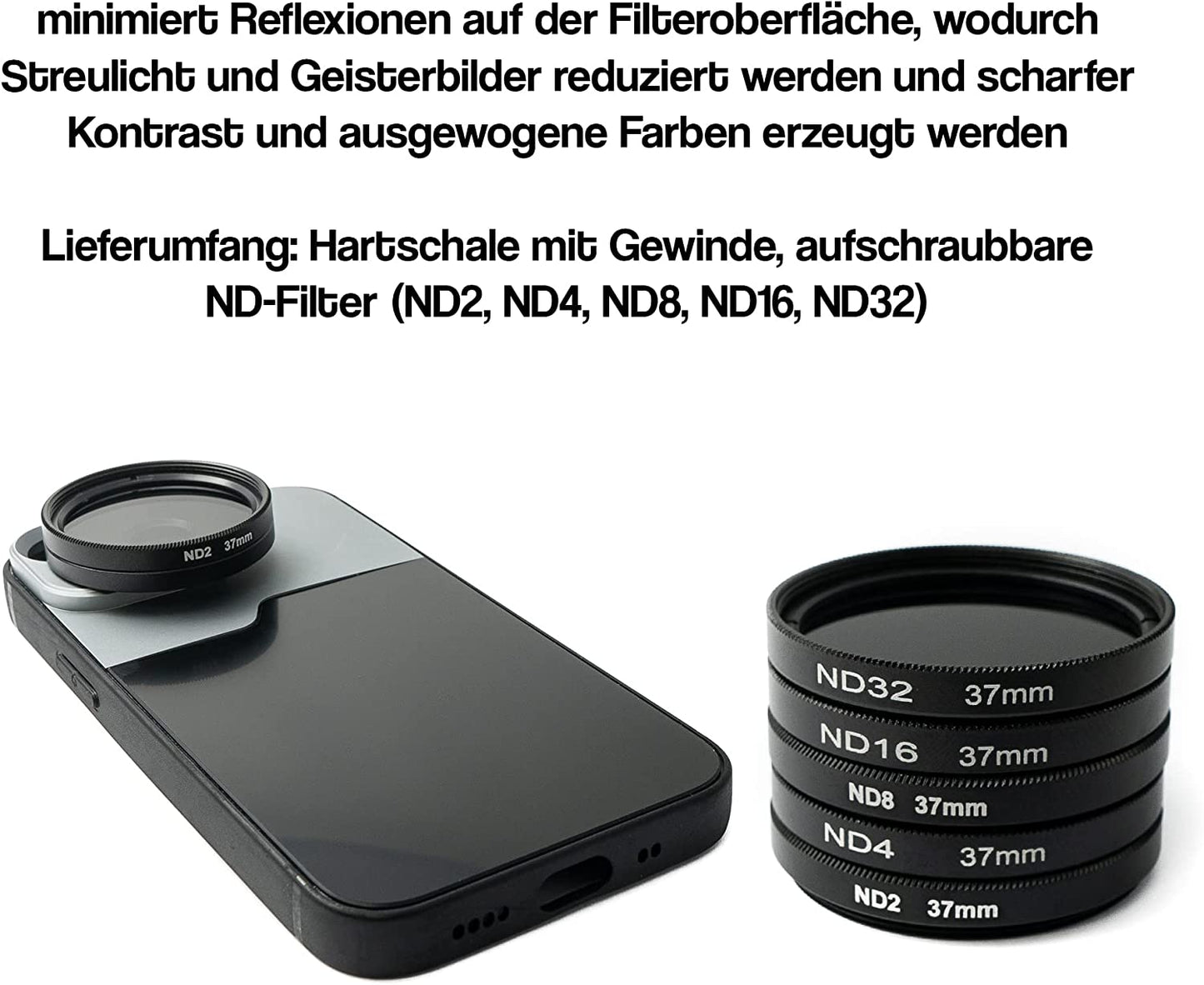 SYSTEM-S ND Filter Set 37 mm Neutraldichte mit Hülle und Tasche für iPhone 14 Plus