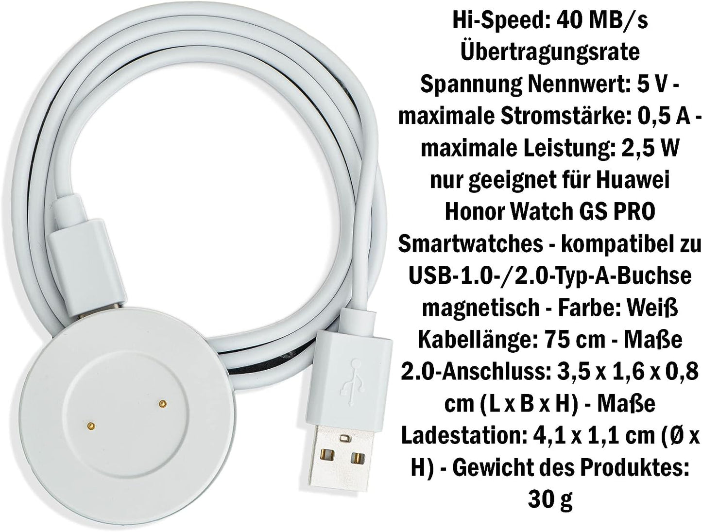 SYSTEM-S USB 2.0 Kabel 75 cm Weiß Ladestation für Huawei Honor Watch GS PRO Smartwatch