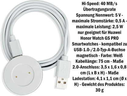 SYSTEM-S USB 2.0 Kabel 75 cm Weiß Ladestation für Huawei Honor Watch GS PRO Smartwatch
