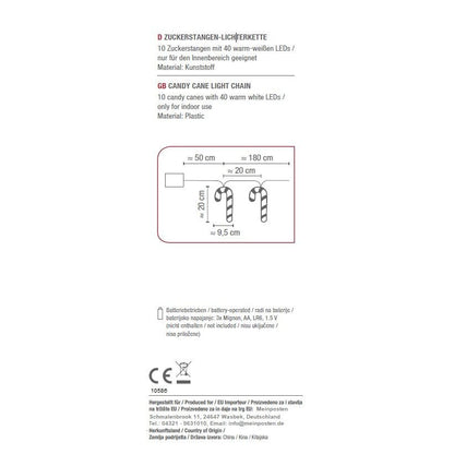 Lichterkette 180 cm Zuckerstangen LED Batterie warmweiß Weihnachtsbeleuchtung