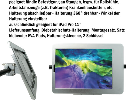 SYSTEM-S Stangen Halterung mit Schloss Befestigung aus Metall in Schwarz für iPad Pro 11"