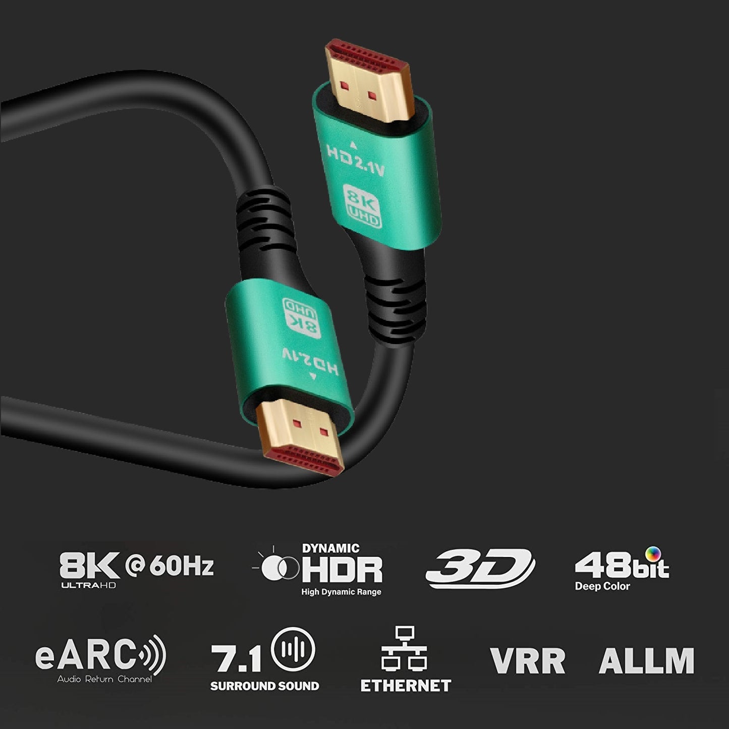 HDMI Cable 8K 2.1 UHD 48Gbps eARC 8K@60Hz 4K@120Hz Gold Plated
