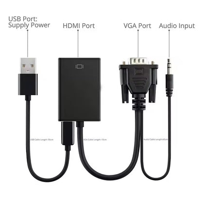 VGA Male to HDMI Female Adapter with Audio Converter D-Sub 15-Pin Full HD 1080p