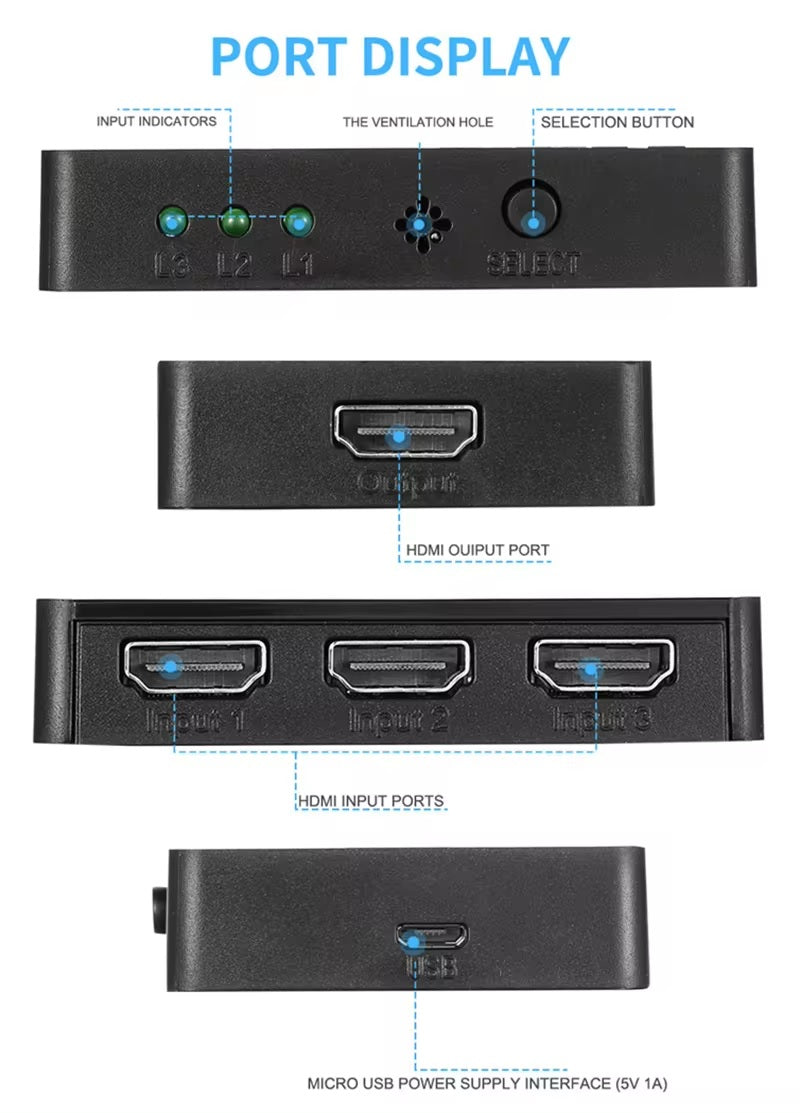 3-in-1-out HDMI Switch Full HD 1080p or Ultra HD 4K with remote