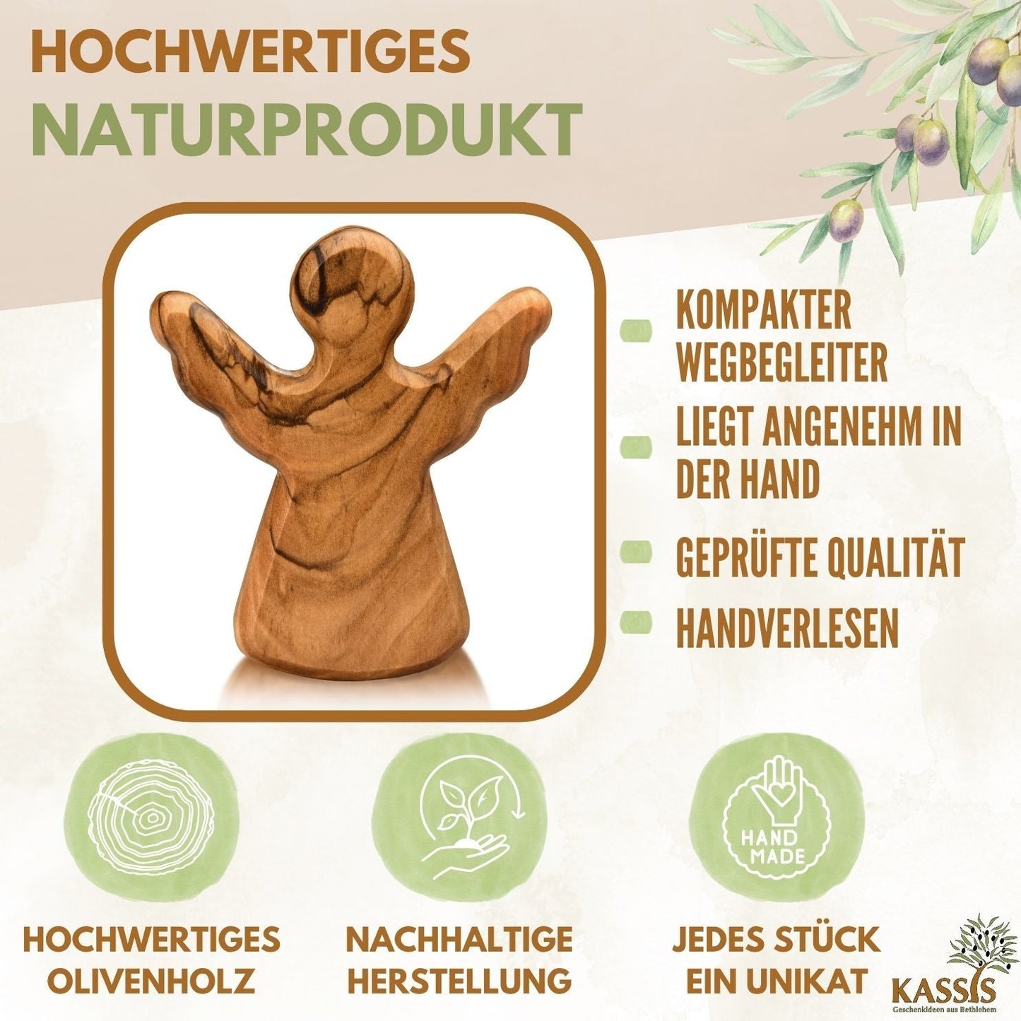 Handwerkskunst Schutzengel Handschmeichler aus Olivenholz