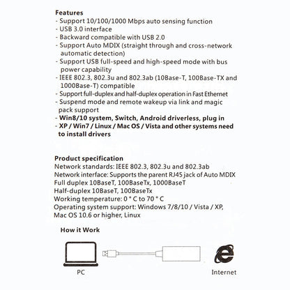 10/100/1000Mbps Gigabit Ethernet USB3.0 to RJ45 Network Adapter USB LAN Adapter