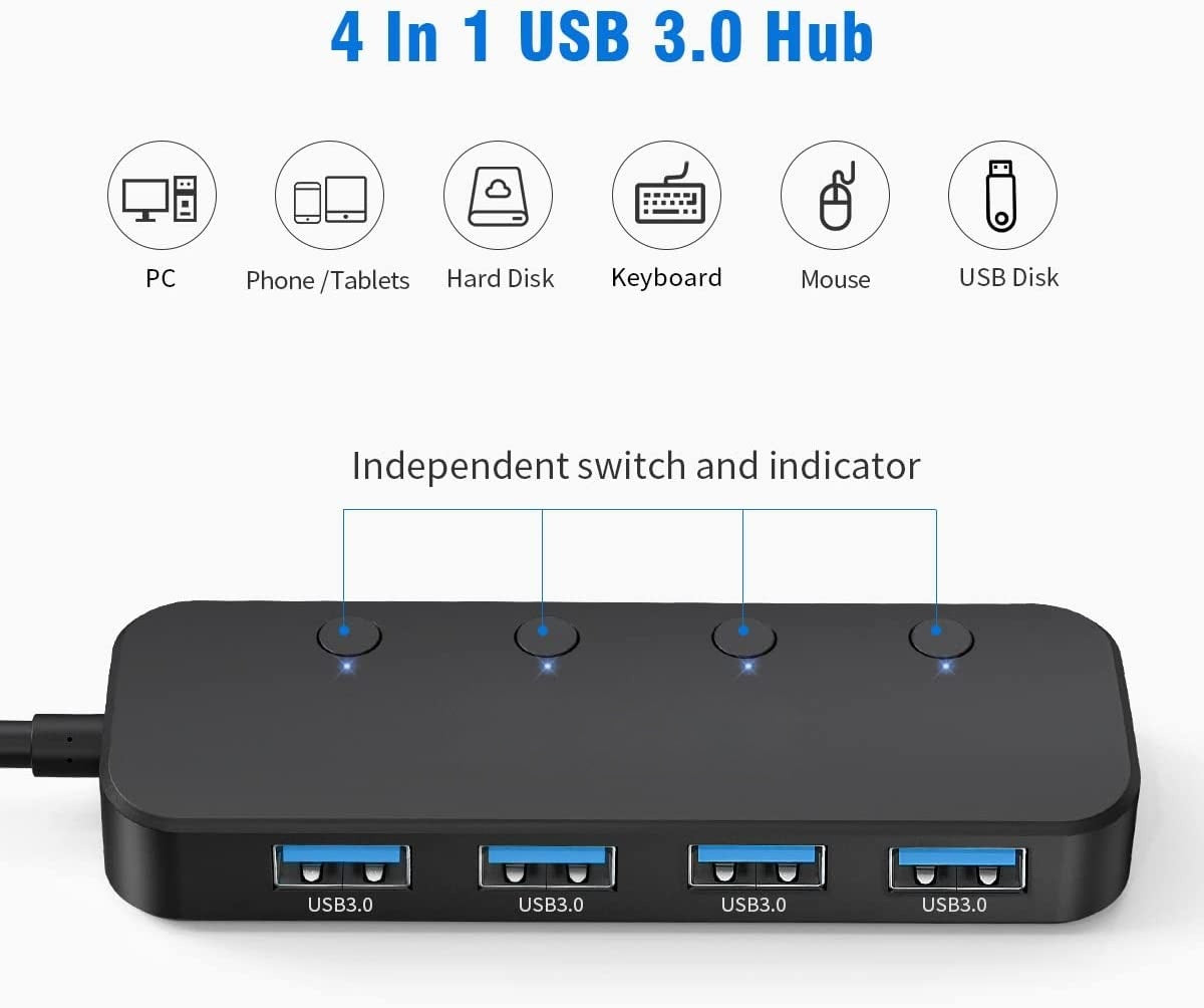 4-Port USB Hub USB 3.0 Data Hub Docking Station with LED Indicators and Individual Buttons