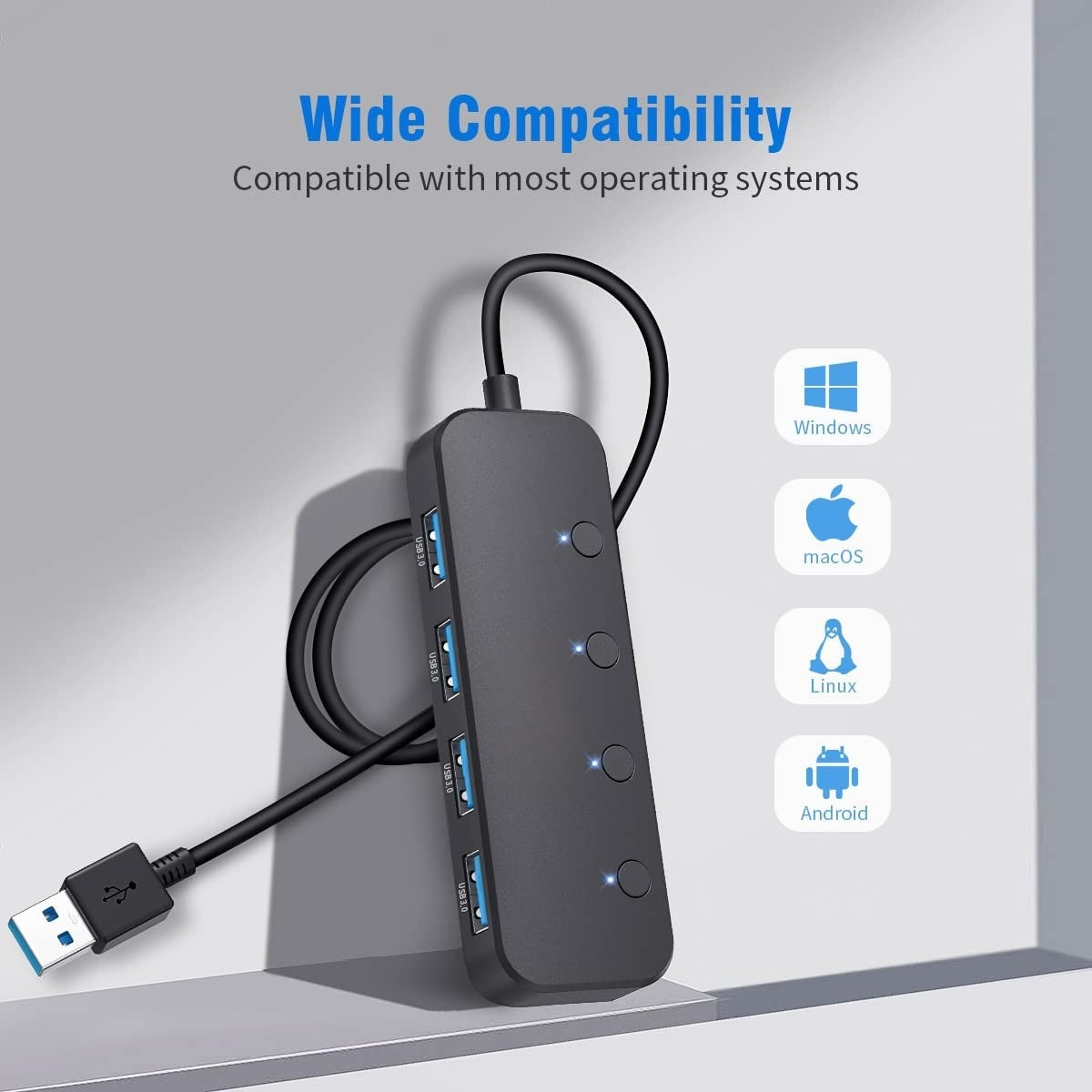 4-Port USB Hub USB 3.0 Data Hub Docking Station with LED Indicators and Individual Buttons