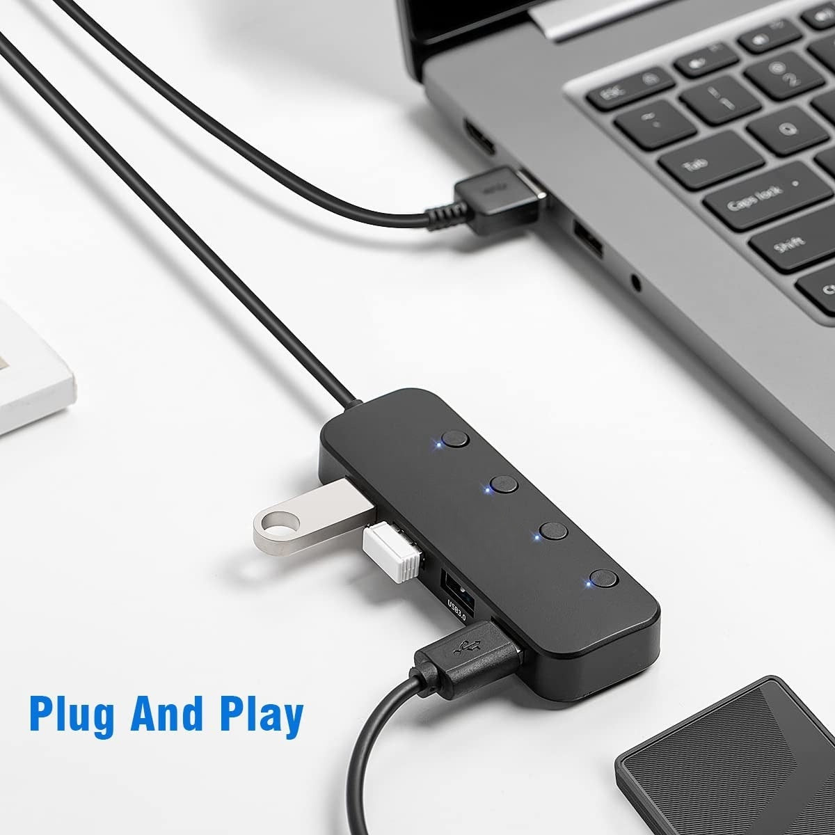 4-Port USB Hub USB 3.0 Data Hub Docking Station with LED Indicators and Individual Buttons