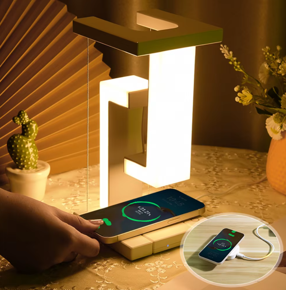 Schwebende LED Tischlampe mit Wireless Charger – Touch dimmbar Warmweiß