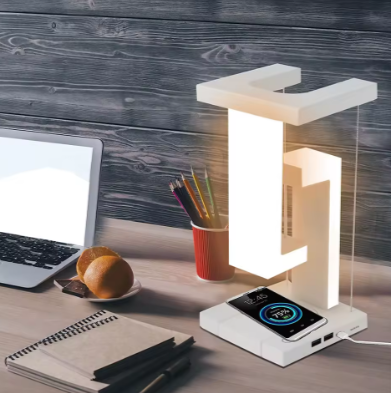 Schwebende LED Tischlampe mit Wireless Charger – Touch dimmbar Warmweiß