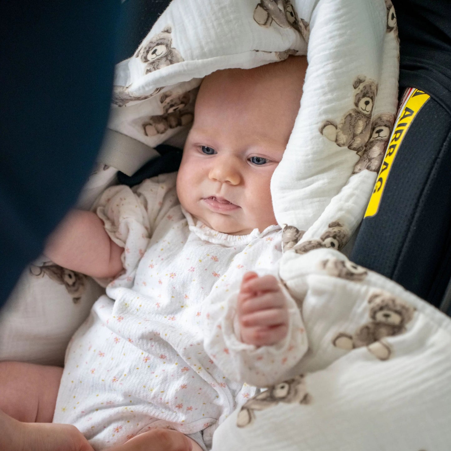 Einschlagdecke für Babyschale aus Musselin Teddybär | ganzjährig & leicht 2.5 TOG