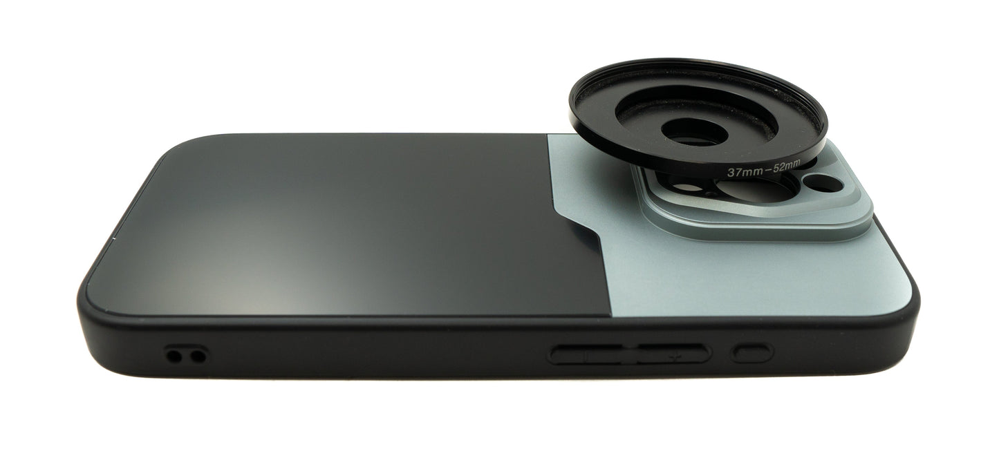 SYSTEM-S Objektiv Hülle 52 mm kompatibel mit Effekt Linse mit Gewinde für iPhone 15 Pro in Schwarz Grau