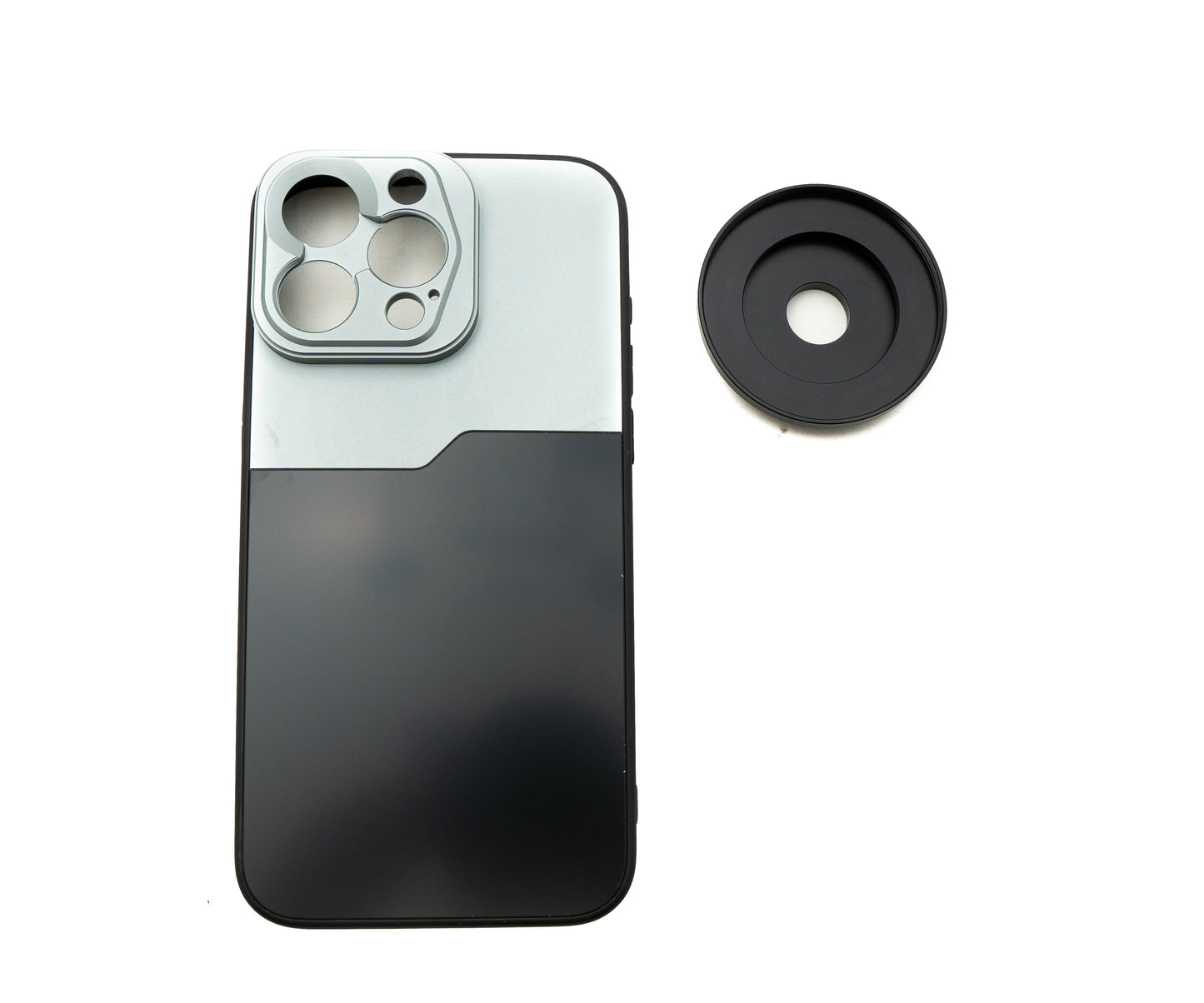 SYSTEM-S Objektiv Hülle 52 mm kompatibel mit Effekt Linse mit Gewinde für iPhone 15 Pro Max in Schwarz Grau