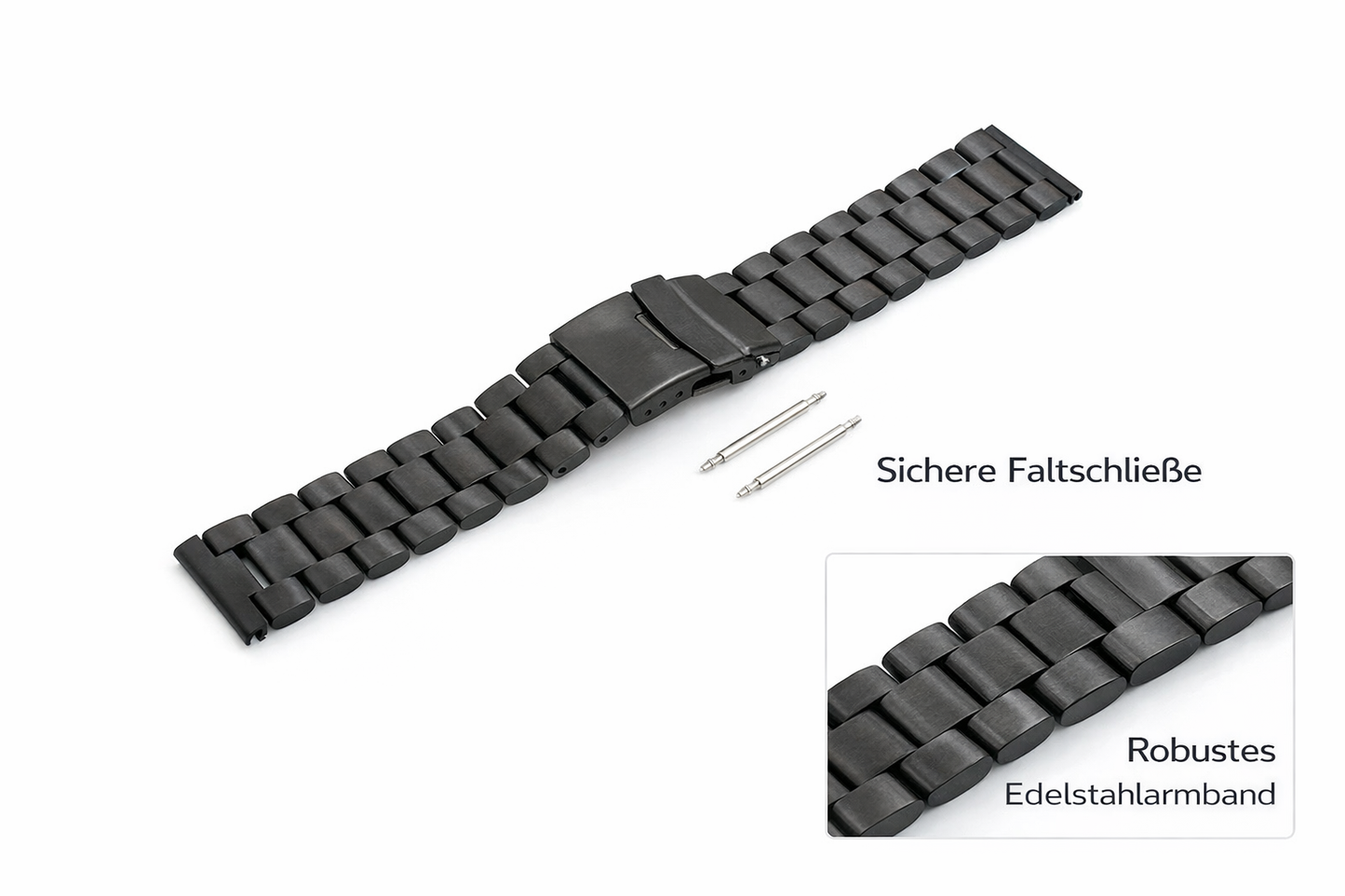 SYSTEM-S 22mm Edelstahl-Uhrenarmband – Schwarz – mit Faltschließe und Federstegen - DREIKS