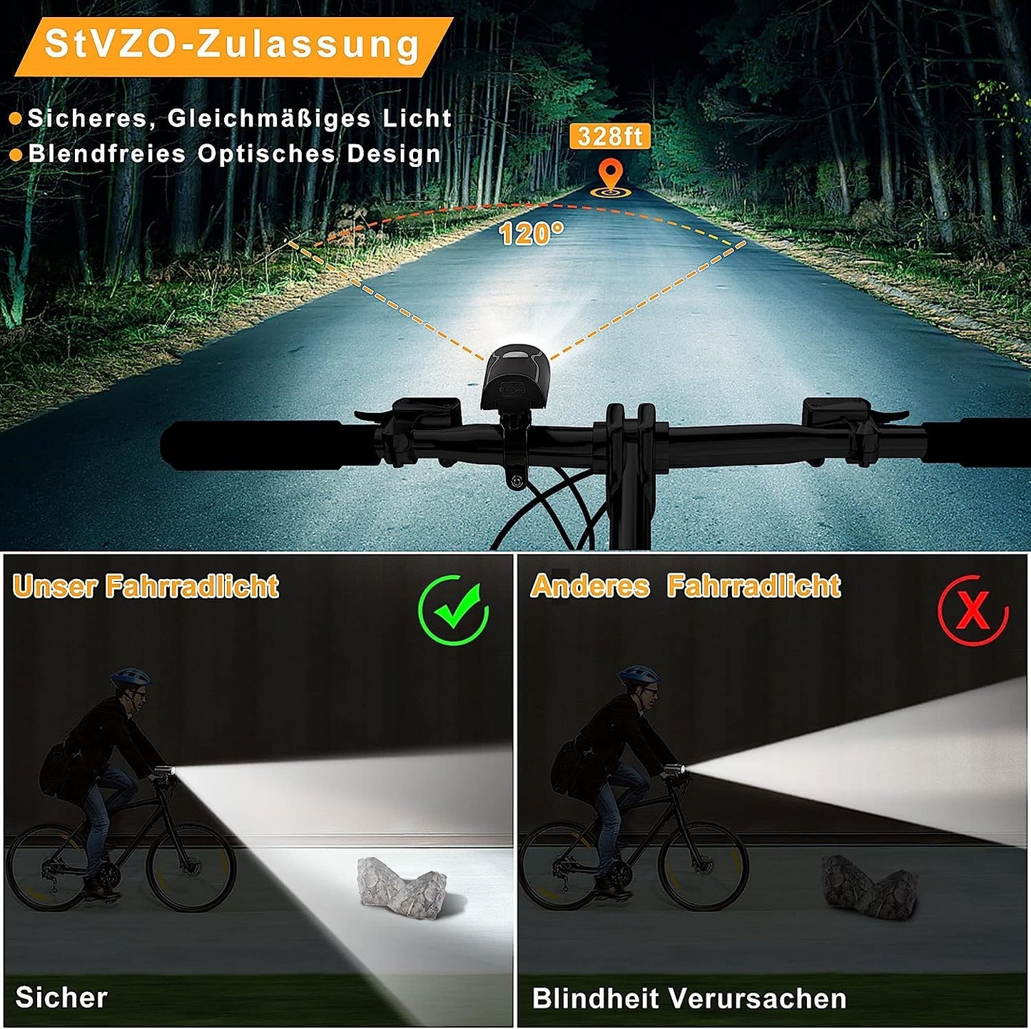 LED Bicycle Lights Set USB Rechargeable StVZO 30/15 Lux Front light Tail light