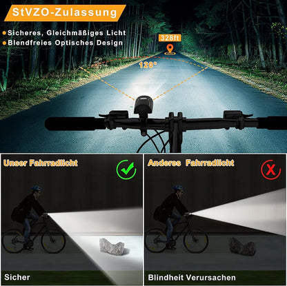 LED Bicycle Lights Set USB Rechargeable StVZO 30/15 Lux Front light Tail light