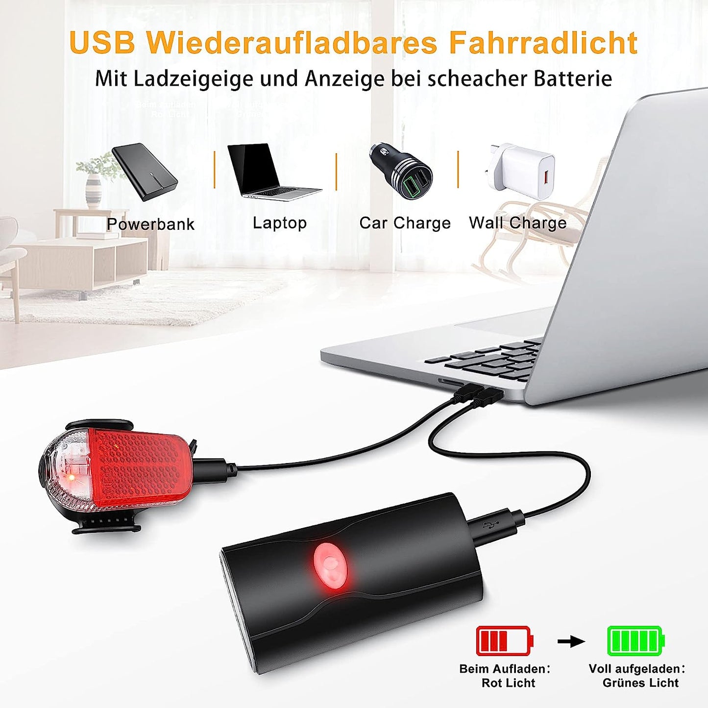 LED Bicycle Lights Set USB Rechargeable StVZO 30/15 Lux Front light Tail light