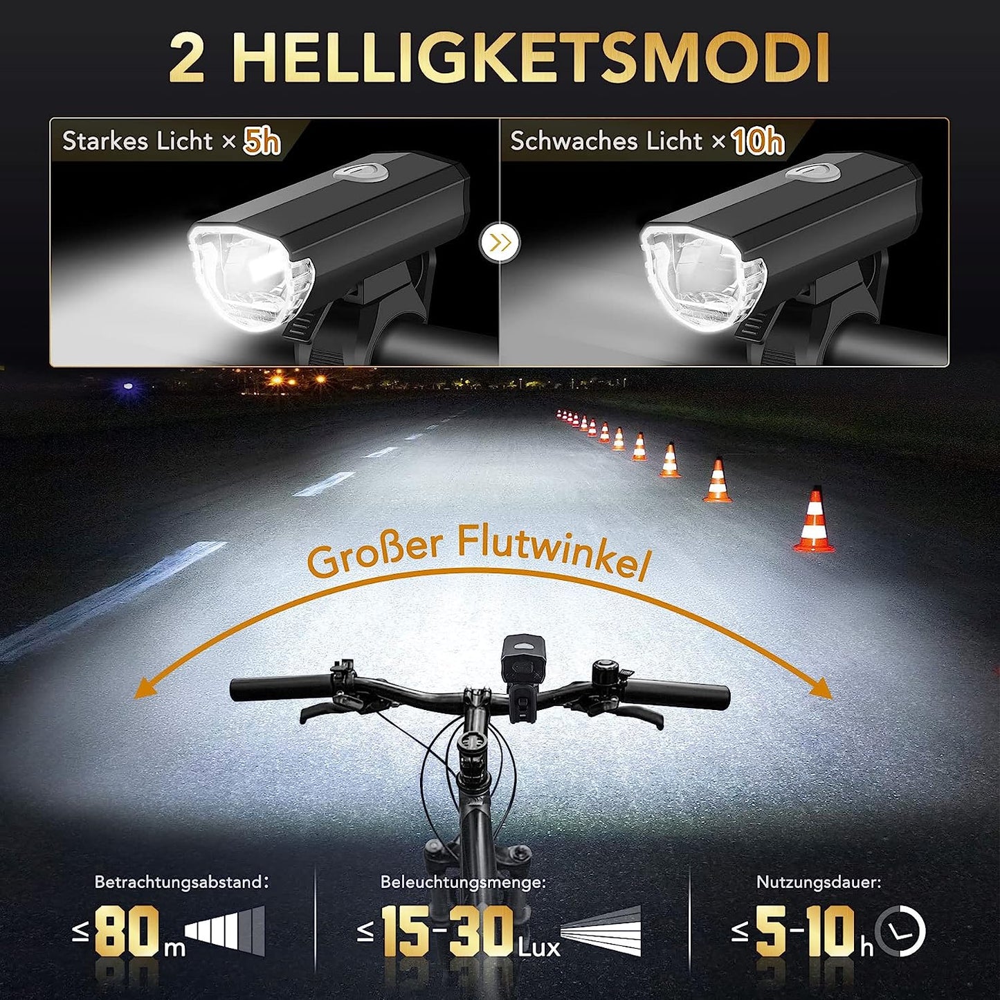LED Bicycle Lights Set USB Rechargeable StVZO 30/15 Lux Metal Front Light
