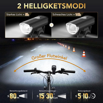 LED Bicycle Lights Set USB Rechargeable StVZO 30/15 Lux Metal Front Light