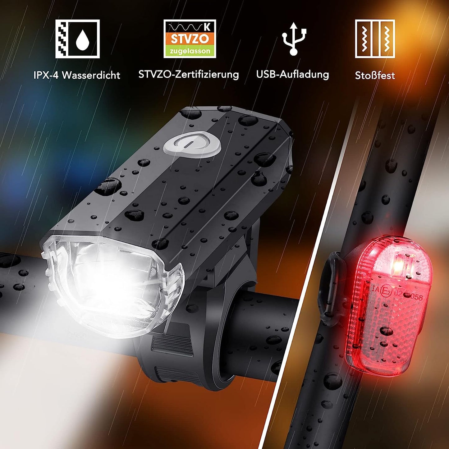 LED Bicycle Lights Set USB Rechargeable StVZO 30/15 Lux Metal Front Light