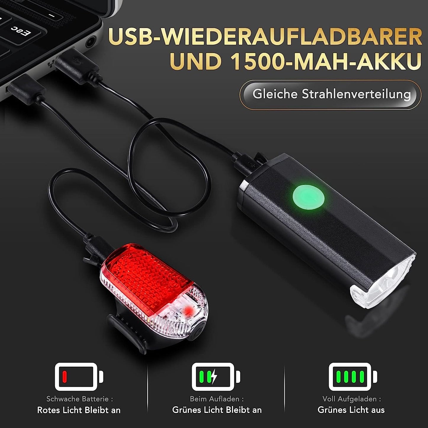 LED Bicycle Lights Set USB Rechargeable StVZO 30/15 Lux Metal Front Light