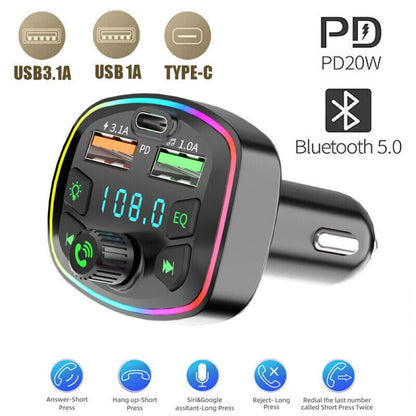 FM Transmitter Car Radio Bluetooth Adapter Dual USB PD Charger