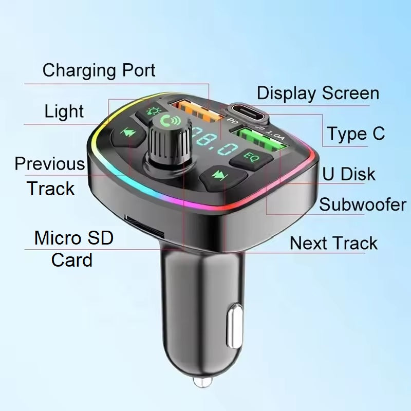 FM Transmitter Car Radio Bluetooth Adapter Dual USB PD Charger
