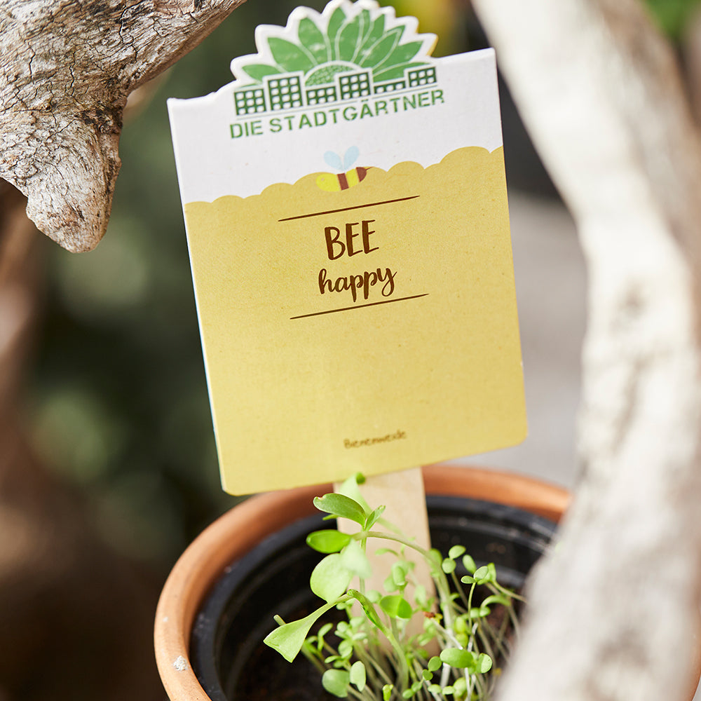 Seed greeting "Bee happy"