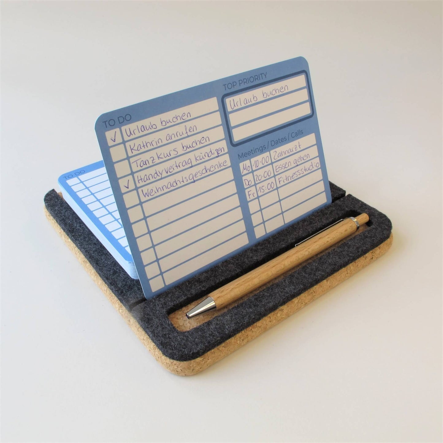 "ToDo" note holder including 50 cards and wooden ballpoint pen | made of felt and cork | anthracite
