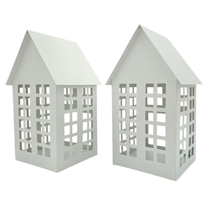 Windlicht Metall Haus weiß 2er Set Teelichthalter Deko Laternenhaus 21 cm