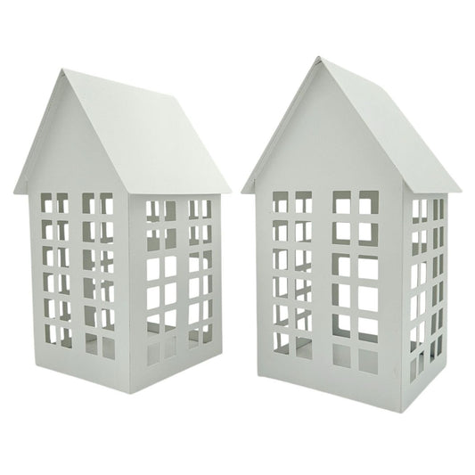 Windlicht Metall Haus weiß 2er Set Teelichthalter Deko Laternenhaus 21 cm
