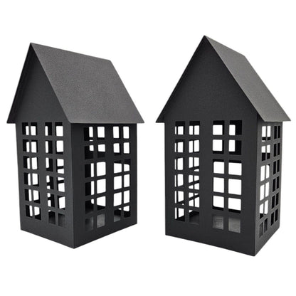Windlicht Metall Haus schwarz 2er Set Teelichthalter Deko Laternenhaus 21 cm