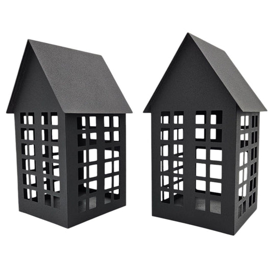 Windlicht Metall Haus schwarz 2er Set Teelichthalter Deko Laternenhaus 21 cm