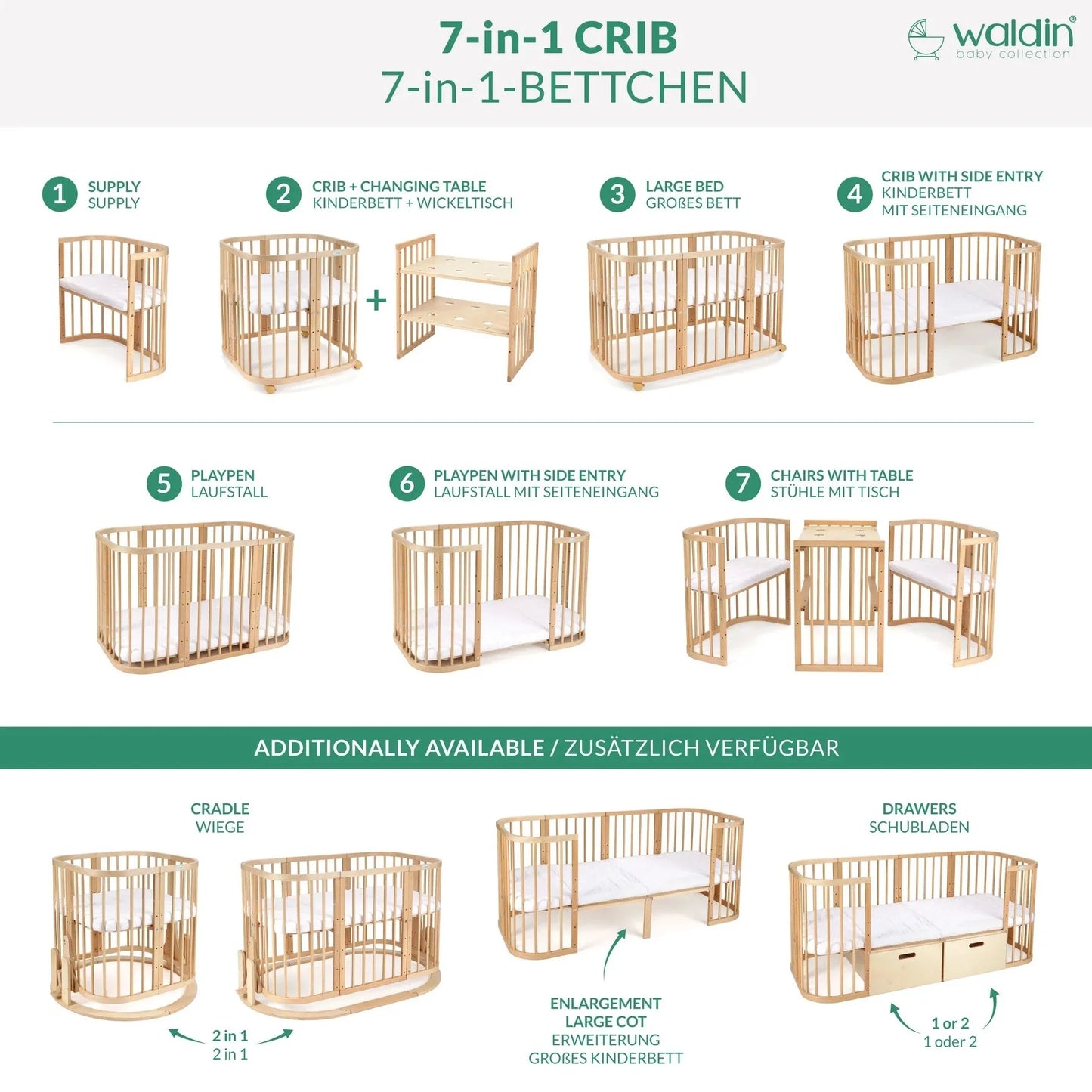 Babybett 7-in-1 – Ein Bett für viele Jahre - mitwachsend | Quadratische Form