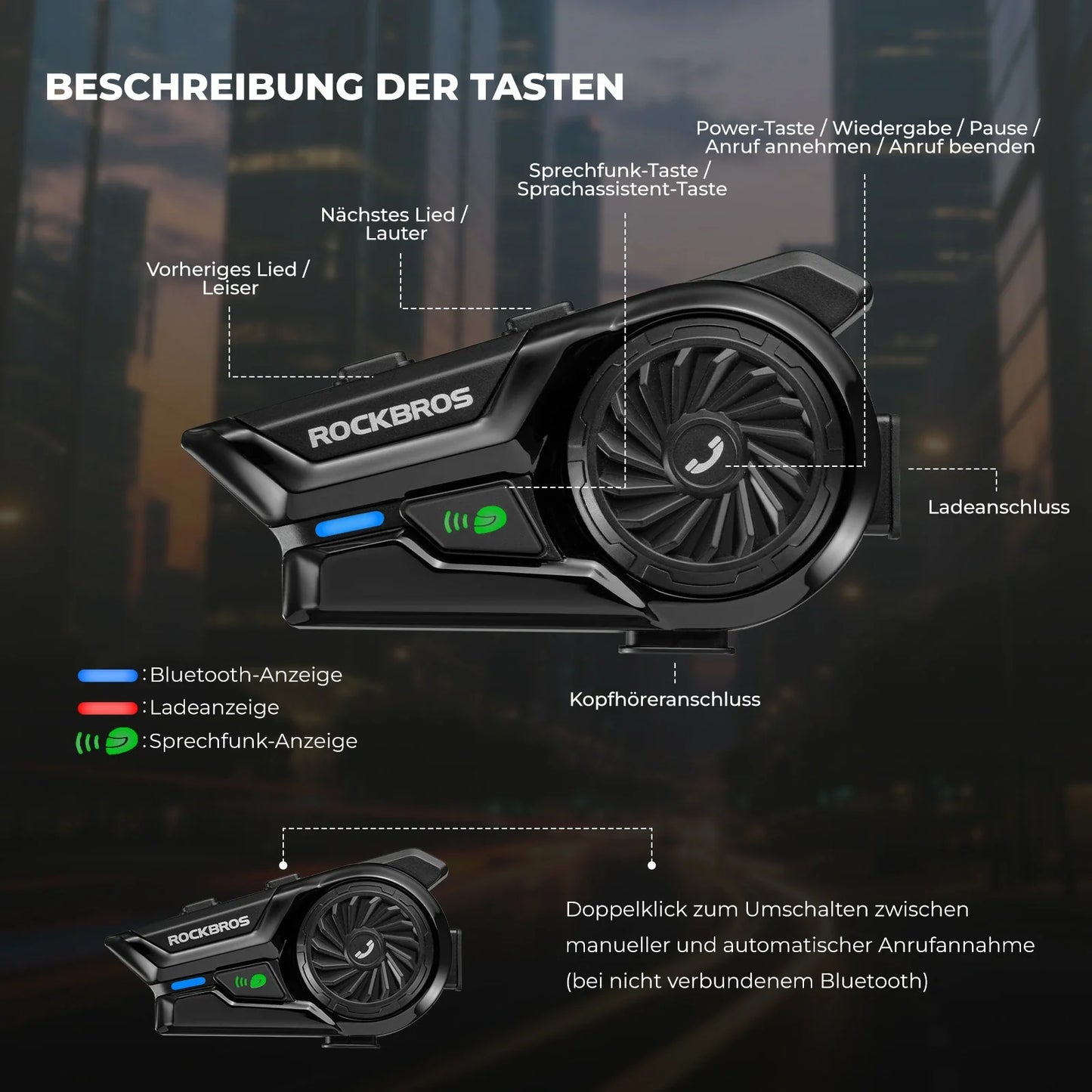 Motorrad Intercom Bluetooth Headsets mit Gegensprechanlagen 300m, IP56 Wasserdicht Staubdicht