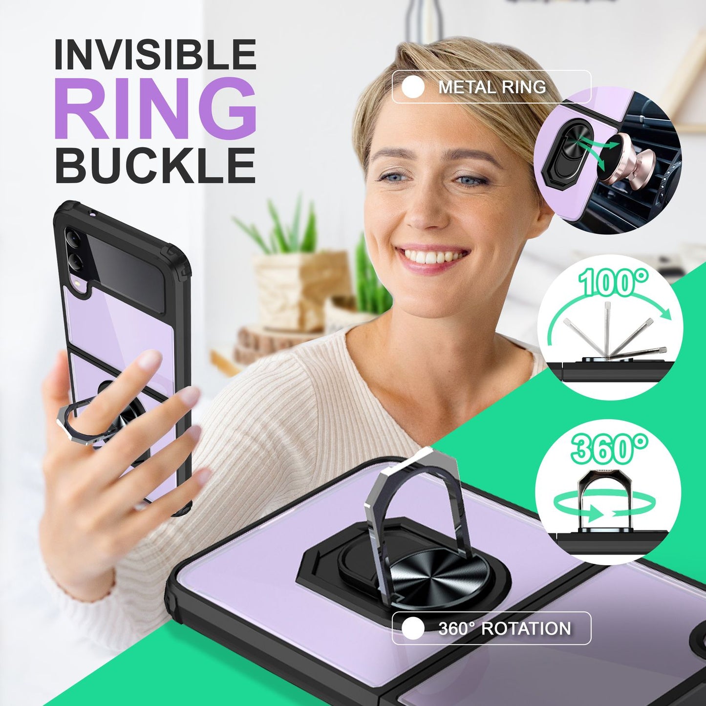 NALIA Klare Ringhülle kompatibel mit Samsung Galaxy Z Flip4 Hülle, Verstärkter Aufprall-Schutz Rahmen, Transparent Anti-Gelb Kratzfest Harte Rückseite & Silikon-Rand, 360-Grad Ring