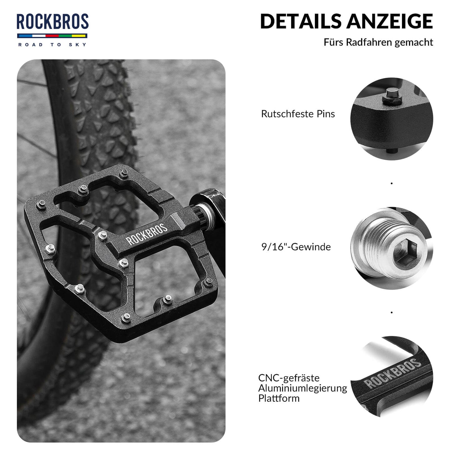 ROAD TO SKY Platform Fahrradpedale 9/16 Zoll Rutschfest Wasserdicht
