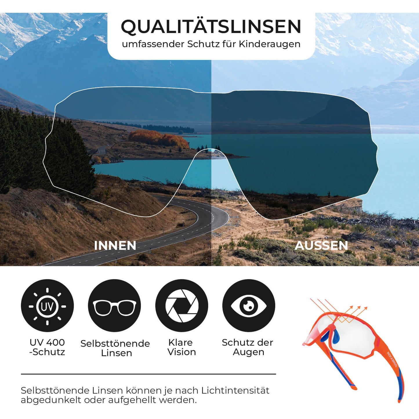 Selbsttönende Fahrradbrille für Kinder mit UV400-Schutz
