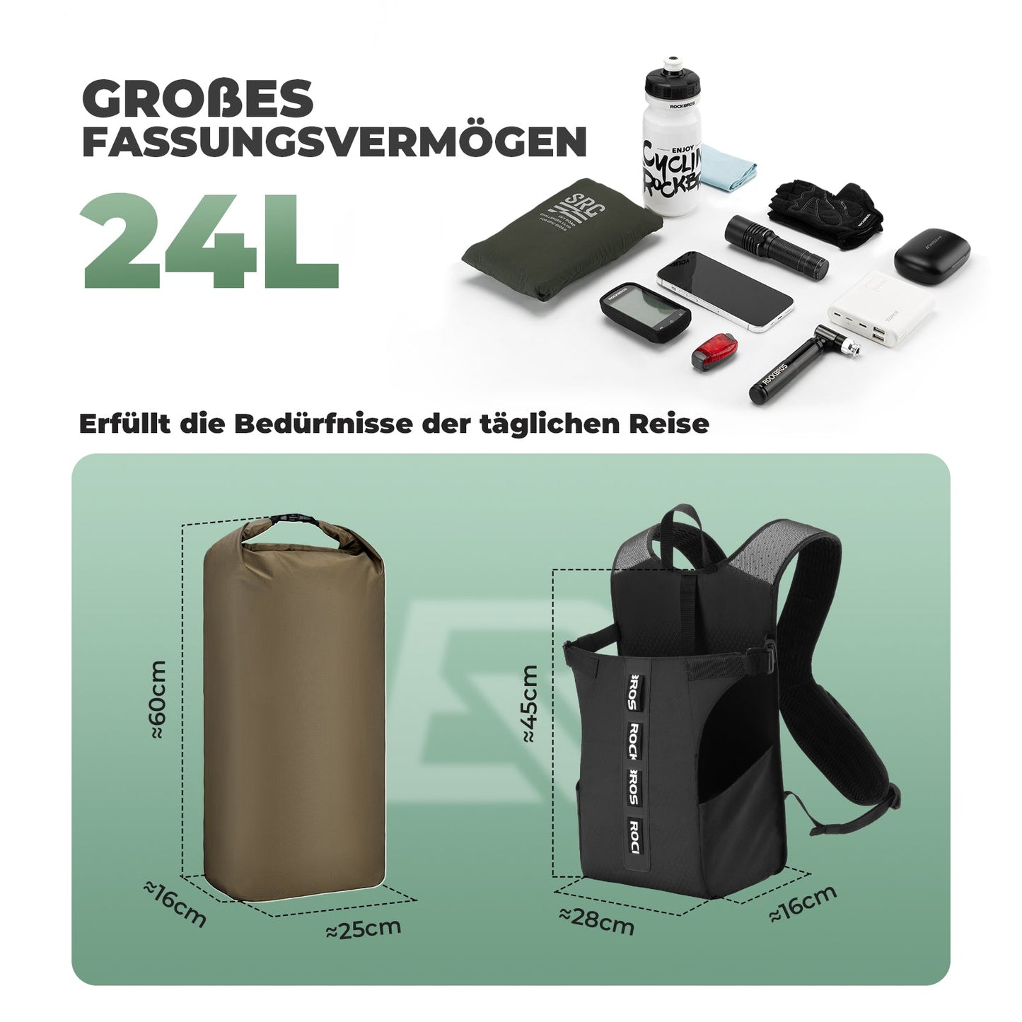 ROCKBROS Wanderrucksack Wasserdicht Split 2 in 1 Rucksack für Fahrrad 24L