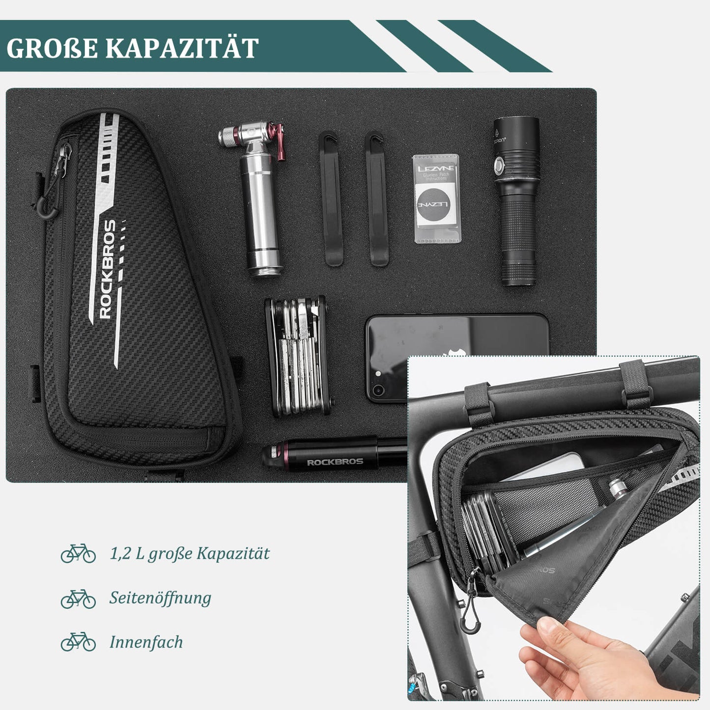 ROCKBROS Rahmentasche wasserdicht Dreieckstasche für MTB & Rennräder 1,2L