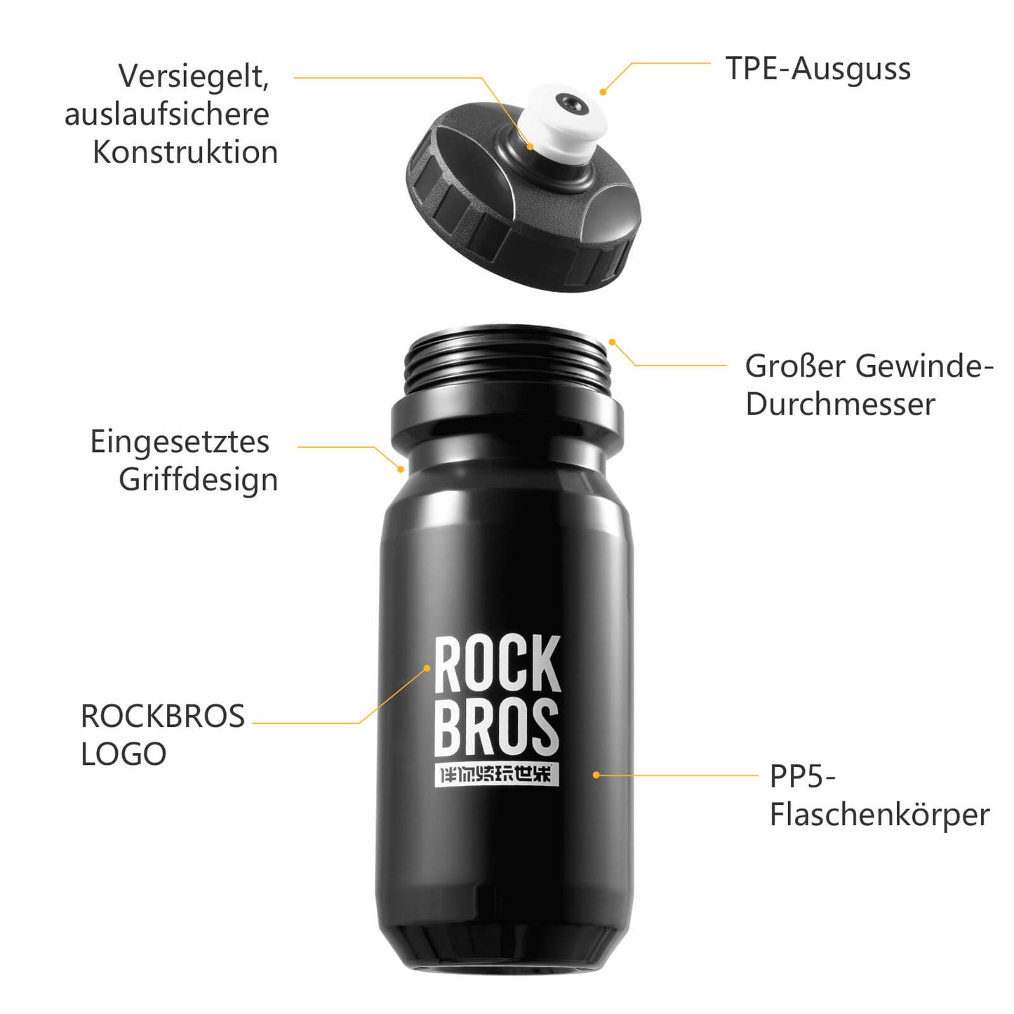 ROCKBROS Fahrrad Trinkflasche 600ml Trinkflasche BPA-Frei Auslaufsichere Flasche