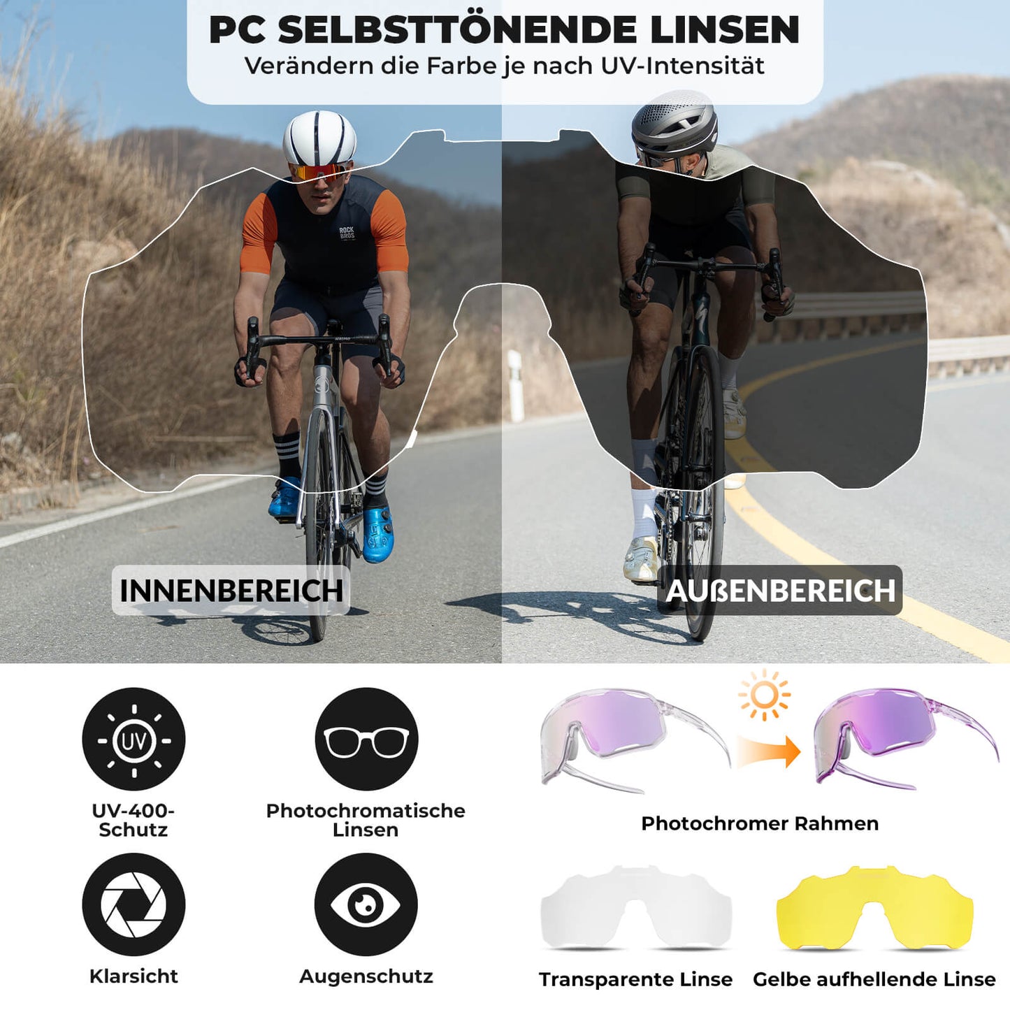 Selbsttönende Unisex Fahrradbrille mit Wechsel-Nasenpads