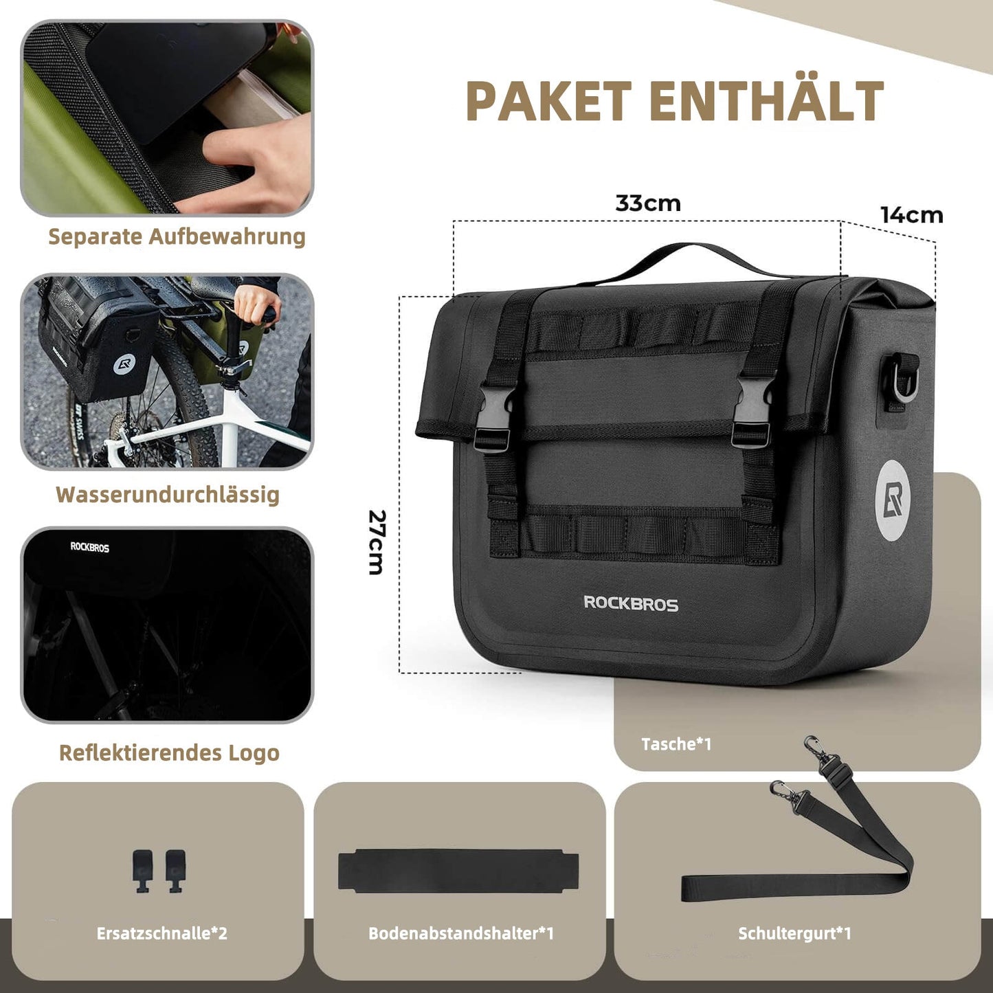 ROCKBROS Wasserdicht Fahrrad Gepäckträgertasche mit Schultergurt hinten 15L