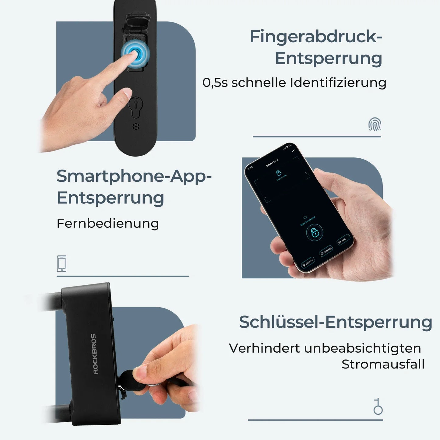 Schloss Fingerabdruck Wasserdicht IP6 Fahrrad Bügelschloss Bluetooth Schloss mit Schlüssel USB-Aufladung