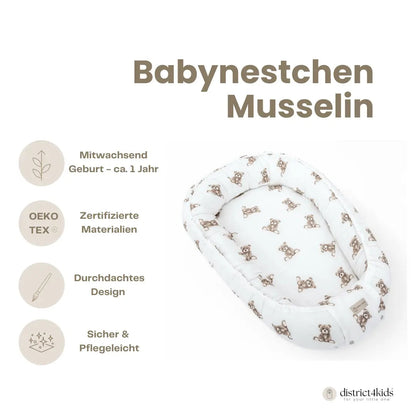 Babynestchen aus Musselin Teddybär – Weicher Baby-Kokon