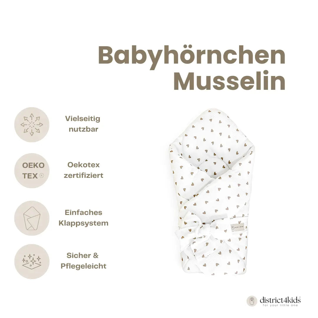 Einschalgdecke Baby aus Musselin Herzen braun | Babyhörnchen